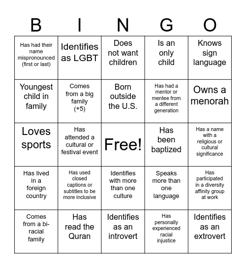 D&I Bingo Card