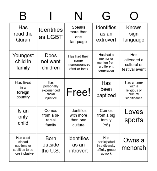 D&I Bingo Card