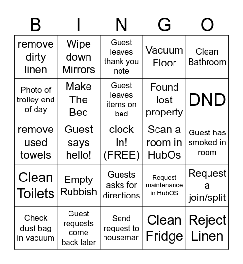 Housekeeping Bingo Card