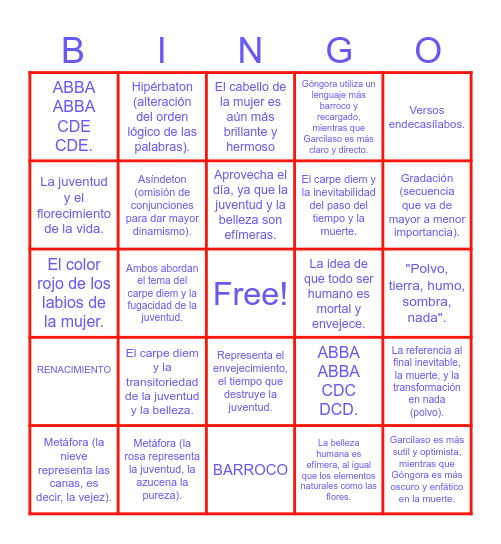 SONETO XXIII Y SONETO CLXVI Bingo Card