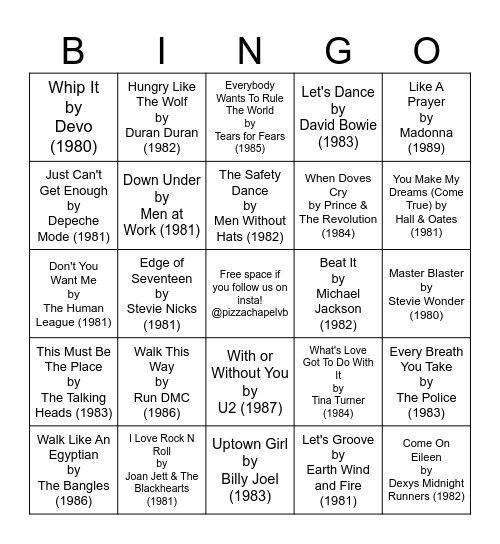 80s Music Bingo Card