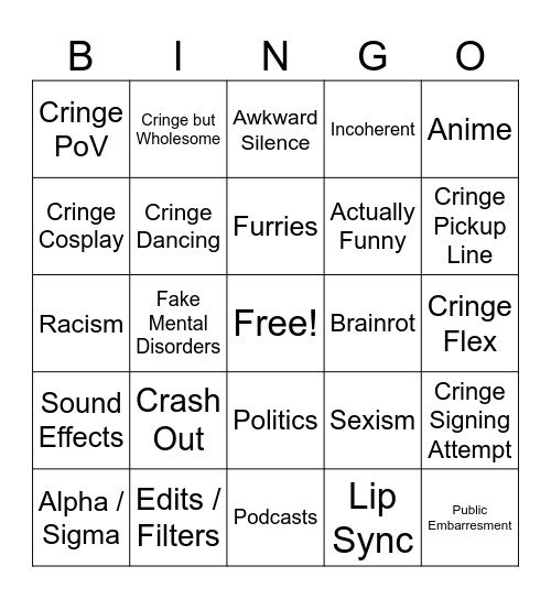 Cringe Comp Bingo Card