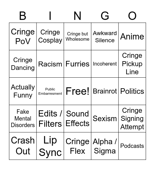 Cringe Comp Bingo Card