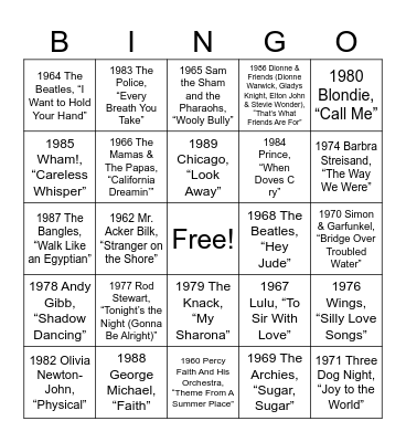 Billboard end of year #1 1960 to 1990 Bingo Card