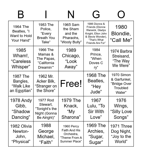 Billboard end of year #1 1960 to 1990 Bingo Card