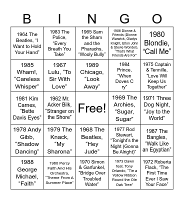 Billboard end of year #1 1960 to 1990 Bingo Card