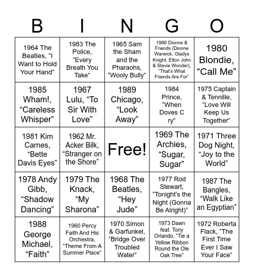 Billboard end of year #1 1960 to 1990 Bingo Card
