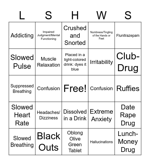 Rohypnol Bingo Card
