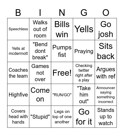 Bills game Bingo Card