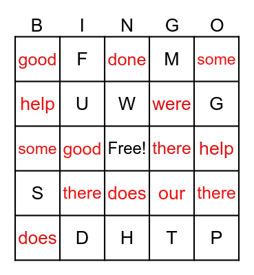 Red Words/Alphabet Bimgo Bingo Card