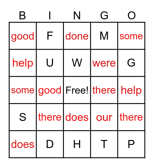 Red Words/Alphabet Bimgo Bingo Card