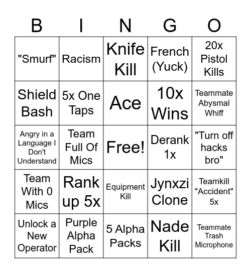 Siege Bingo Card