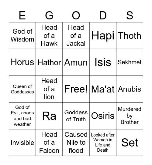 Egyptian Gods and Goddesses Bingo Card