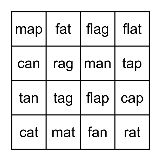 Short /a/ Vowel Sound Bingo Card
