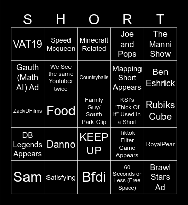 Shorts Bingo! Bingo Card