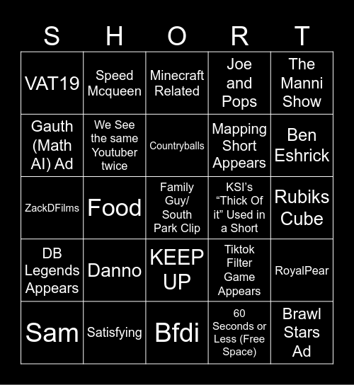 Shorts Bingo! Bingo Card