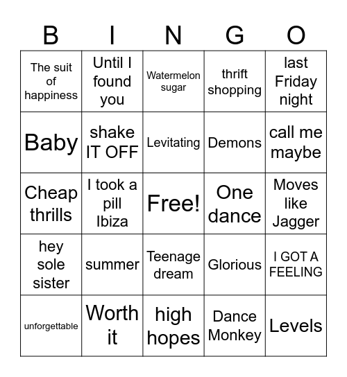 2010's Music Bingo Card