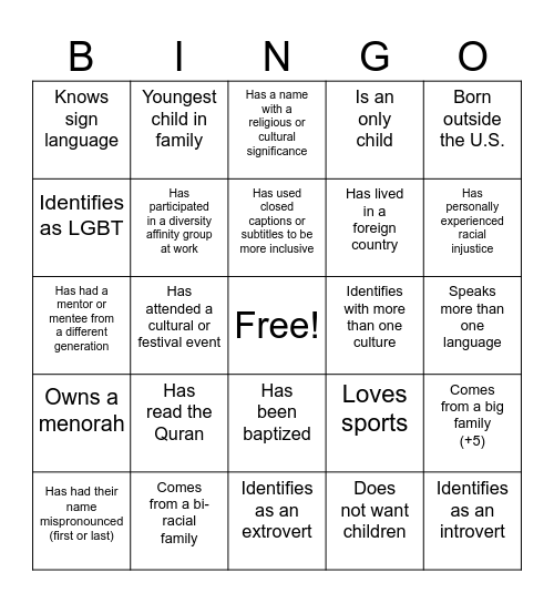 D&I Bingo Card