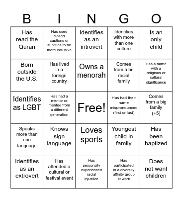 D&I Bingo Card