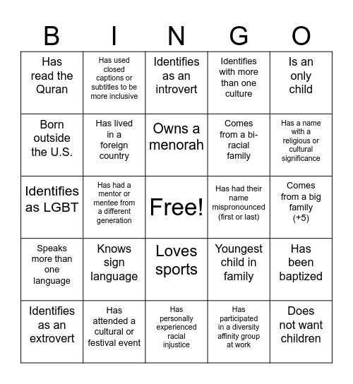 D&I Bingo Card