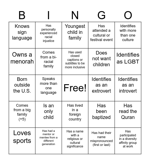 D&I Bingo Card