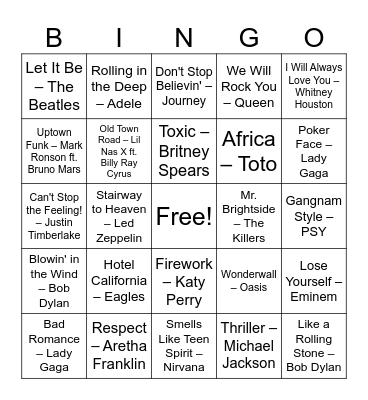 Musical Bingo Card
