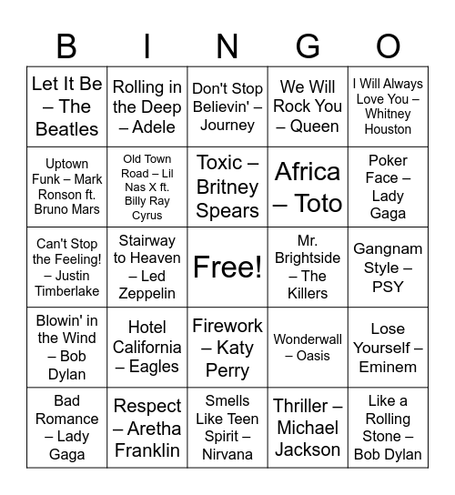 Musical Bingo Card