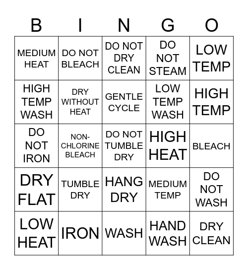 Clothing Care Symbols BINGO Card