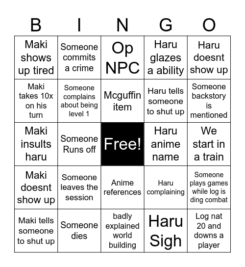 Logs first session Bingo Card