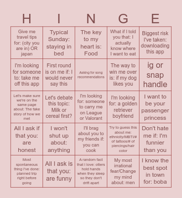 Hinge girl prompts Bingo Card