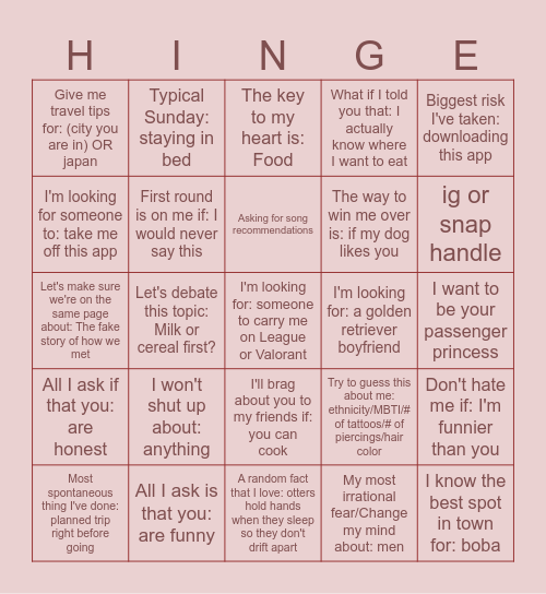 Hinge girl prompts Bingo Card