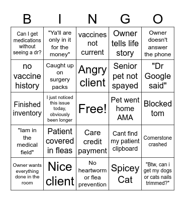 Vet tech bingo night shift Bingo Card