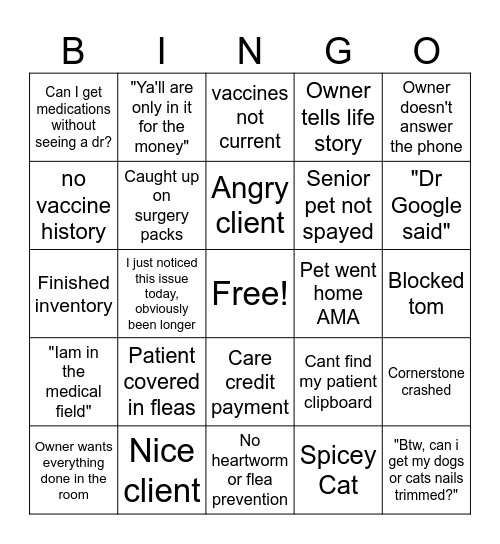 Vet tech bingo night shift Bingo Card