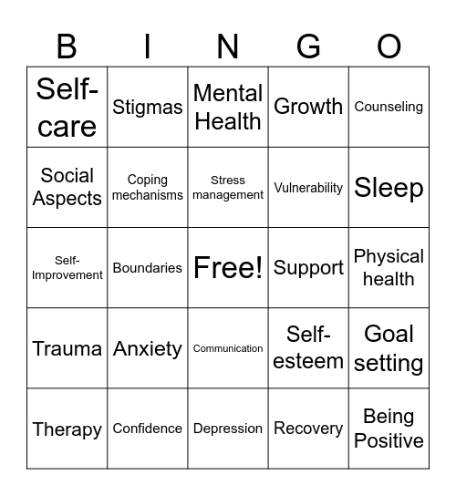 Men's Mental Awareness Bingo Card