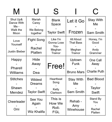 Pop Music Bingo Card