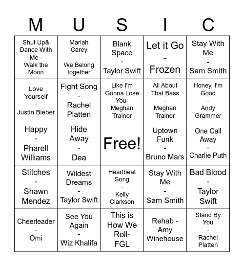 Pop Music Bingo Card