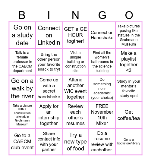 WIC Mentorship Bingo Card