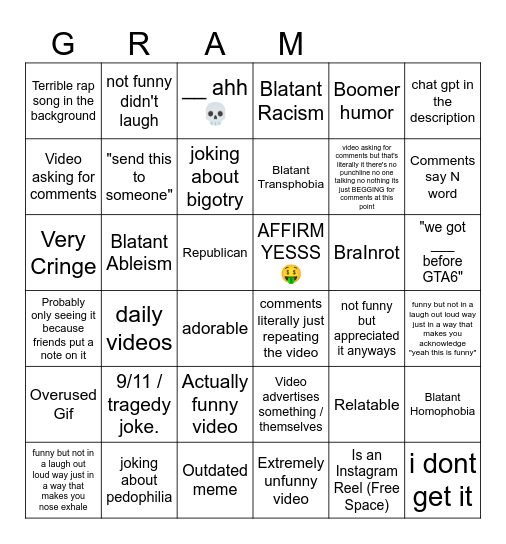 Instagram Bingo Card