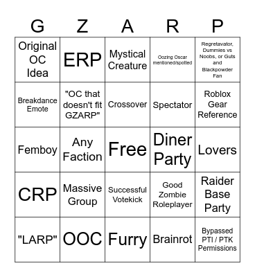 GZARP Bingo Card