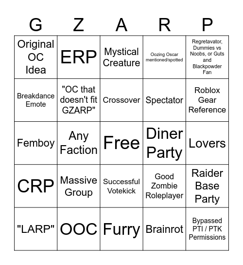 GZARP Bingo Card