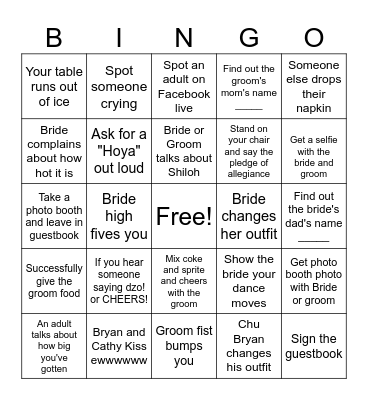 Cathy & Bryan's Wedding Bingo Card