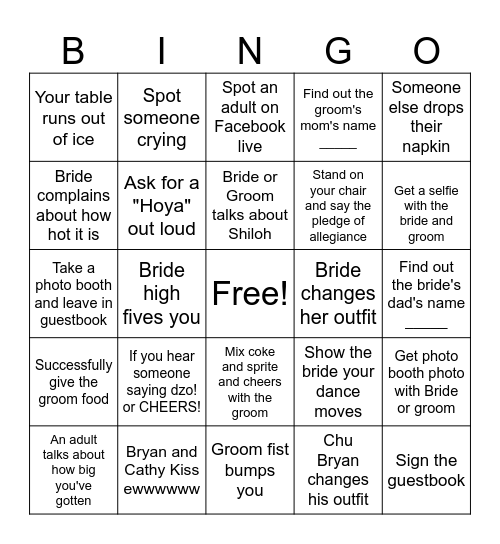 Cathy & Bryan's Wedding Bingo Card