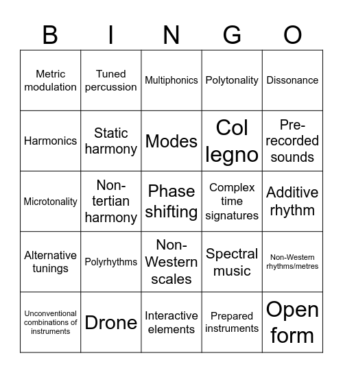 Contemporary classical features Bingo Card