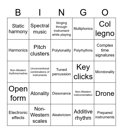 Contemporary classical features Bingo Card