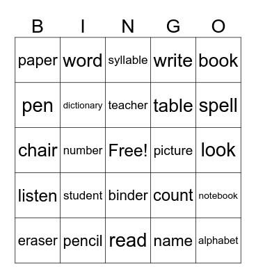 Classroom Vocabulary Bingo Card