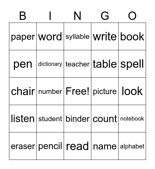 Classroom Vocabulary Bingo Card
