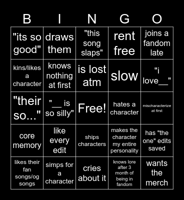 New Fandom Bingo Card