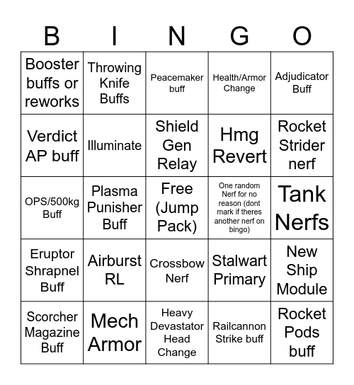 Patch Notes Bingo Card