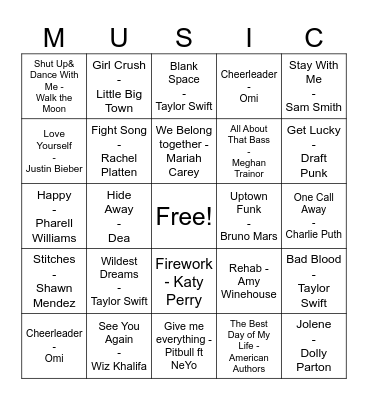 Pop Music Bingo Card