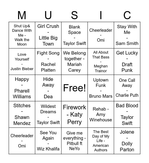 Pop Music Bingo Card